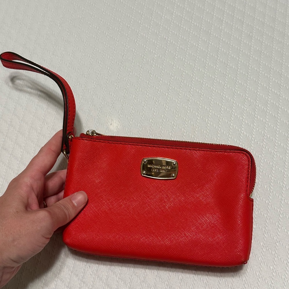 Michael Kors Red Leather Wristlet with Gold Plaque